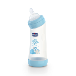 Chicco Fľaša Well-Being 0%BPA, zahnutá, 250 ml, silikónový cumlík, normálny, modrá