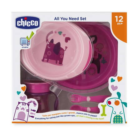 Chicco, jedálenský set - taniere, príbor, pohárik, 12m+ - ružový