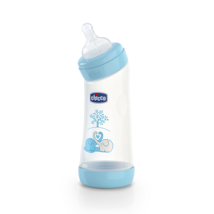 Chicco Fľaša Well-Being 0%BPA, zahnutá, 250 ml, silikónový cumlík, normálny, modrá
